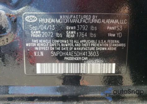 2013 Hyundai Elantra Gls z USA, uszkodzony, nr VIN 5NPDH4AE5DH413603